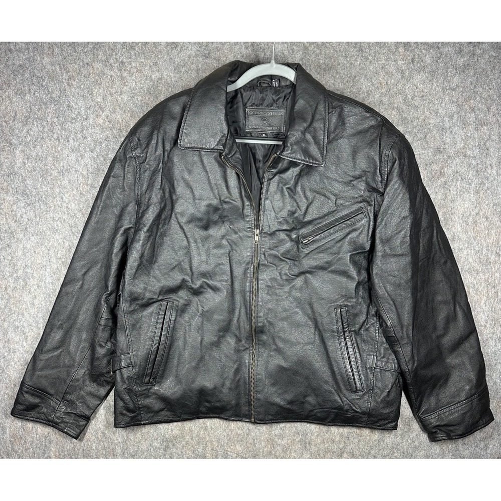 Vintage Black Leather Jacket Mens XL Expressions Contemporary Y2K Biker Coat